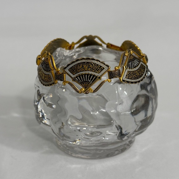 Vintage 1960s Spain Damascene Fan Link Bracelet and Screwback Earrings Set - Picture 6 of 12